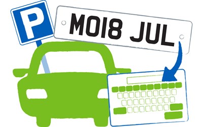 Icon of parked car and licence plate with arrow pointing to keyboard