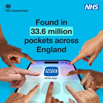 People's index fingers touching around the NHS App on a smartphone. Text above reads 'Found in 33.6 million pockets across England'.