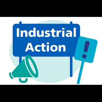 Illustration of a sign saying 'Industrial Action' with a loudspeaker infront